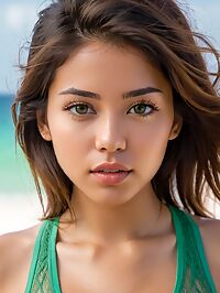 A young Peruvian woman with frizzy brown hair and green eyes wears lingerie in Cancun